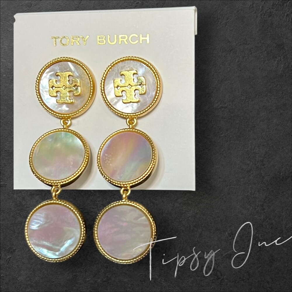 Tory Burch Mother of Pearl Gold Logo Drop Earrings - Picture 5 of 6
